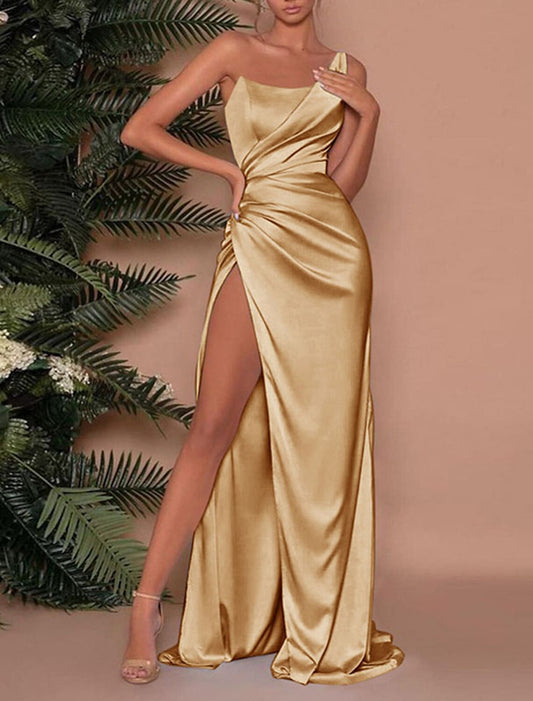 Sheath / Column Empire Sexy High Split Wedding Guest Prom Dress One Shoulder Sleeveless Sweep / Brush Train Charmeuse