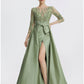 A-Line Evening Gown Elegant Dress Formal Floor Length 3/4 Length Sleeve Jewel Neck Satin with Slit Embroidery