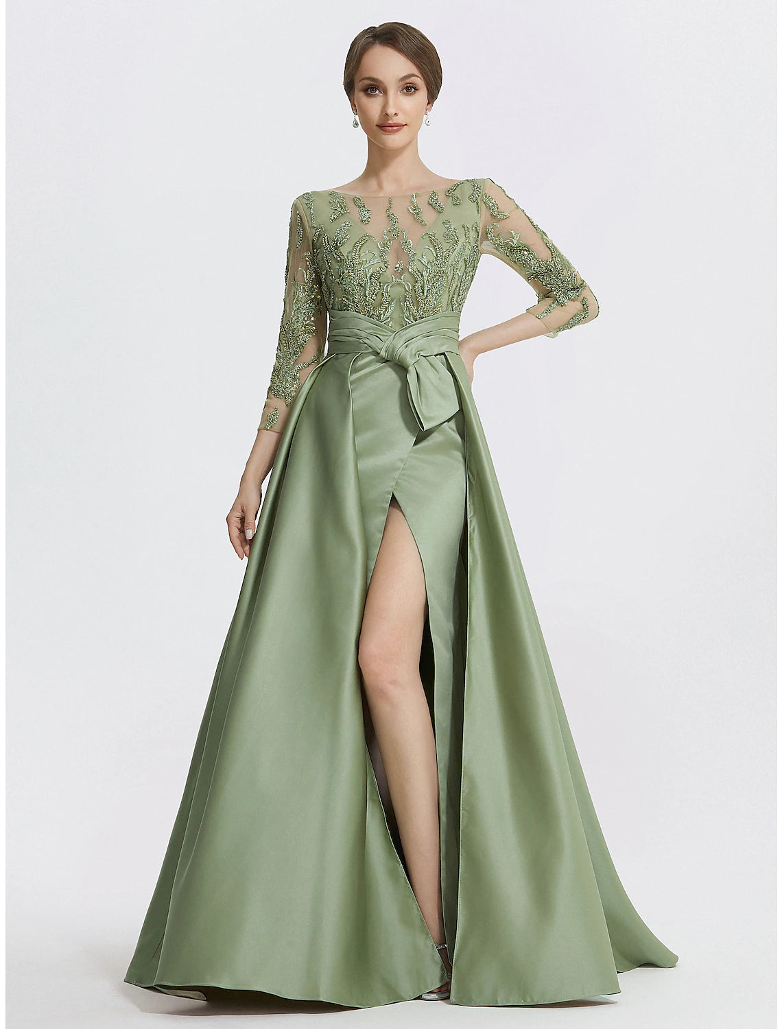 A-Line Evening Gown Elegant Dress Formal Floor Length 3/4 Length Sleeve Jewel Neck Satin with Slit Embroidery