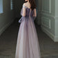A-Line Minimalist Elegant Party Wear Prom Dress Off Shoulder Long Sleeve Floor Length Tulle
