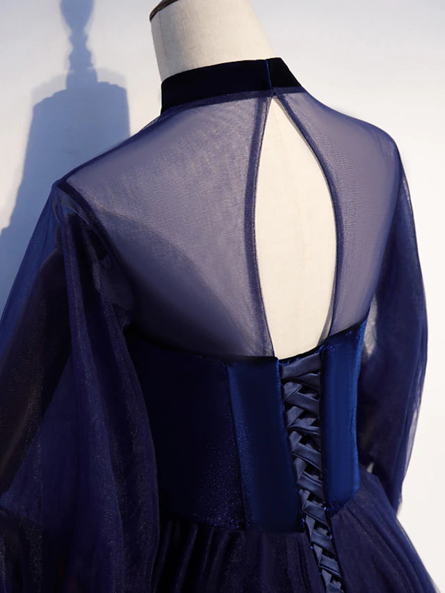 A-Line Prom Dresses Vintage Dress Party Wear Floor Length Long Sleeve Stand Collar Tulle with Bow(s)