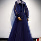 A-Line Prom Dresses Vintage Dress Party Wear Floor Length Long Sleeve Stand Collar Tulle with Bow(s)