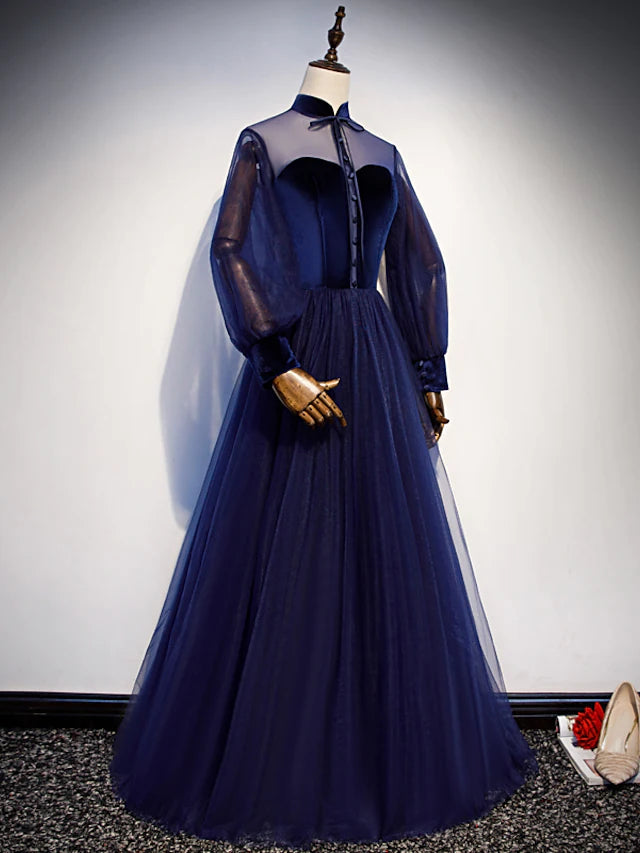 A-Line Prom Dresses Vintage Dress Party Wear Floor Length Long Sleeve Stand Collar Tulle with Bow(s)