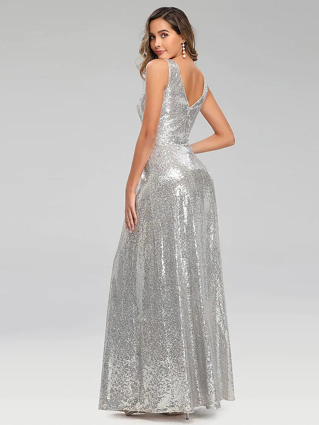 A-Line Prom Dresses Sparkle Dress Wedding Guest Floor Length Sleeveless V Neck Polyester V Back