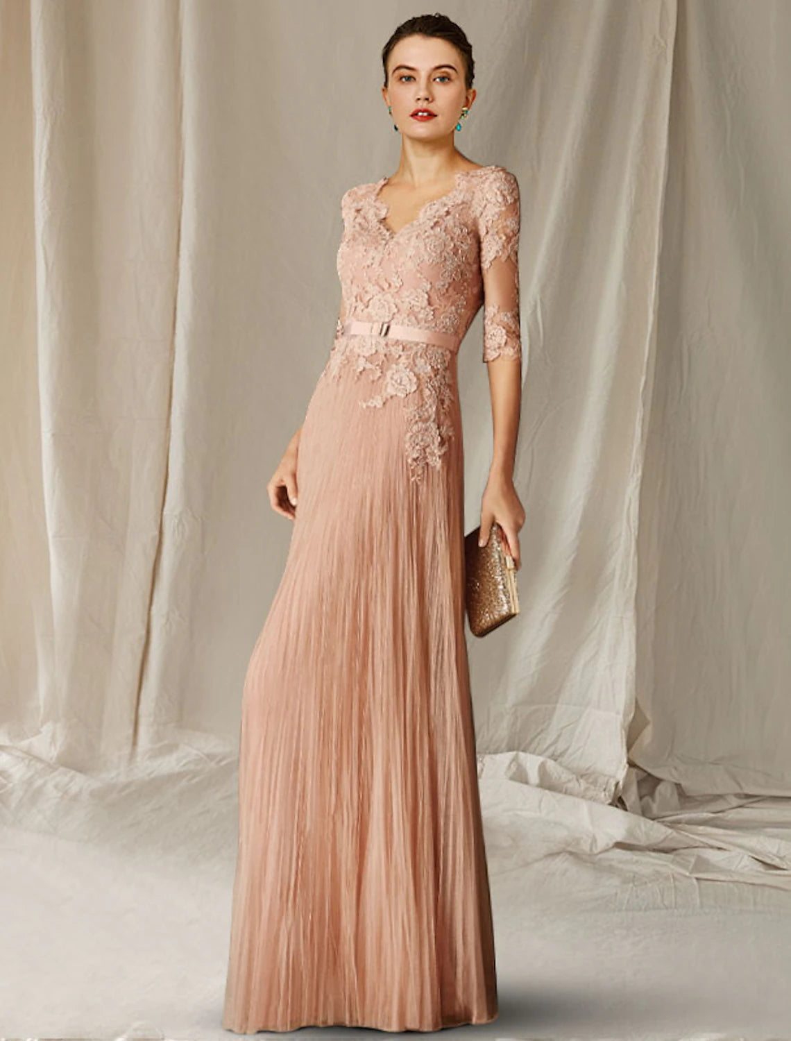 A-Line Mother of the Bride Dress Wedding Guest Luxurious Elegant V Neck Floor Length Lace Tulle Half Sleeve with Pleats