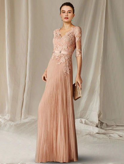 A-Line Mother of the Bride Dress Wedding Guest Luxurious Elegant V Neck Floor Length Lace Tulle Half Sleeve with Pleats