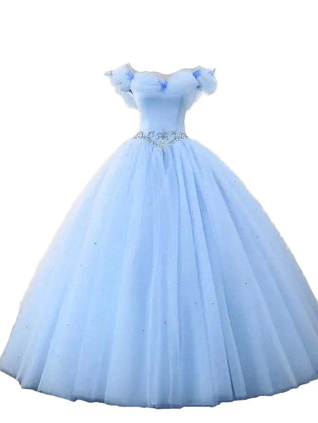 Ball Gown Prom Dresses Princess Dress Graduation Floor Length Sleeveless Off Shoulder Tulle with Pearls Beading