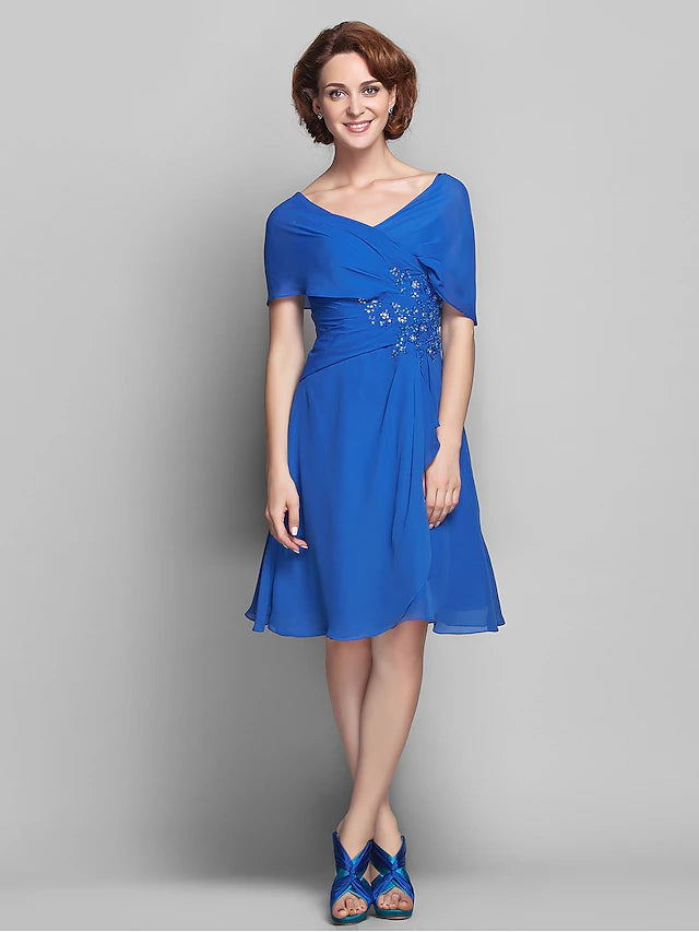 A-Line Mother of the Bride Dress Elegant V Neck Knee Length Chiffon Short Sleeve with Criss Cross Beading