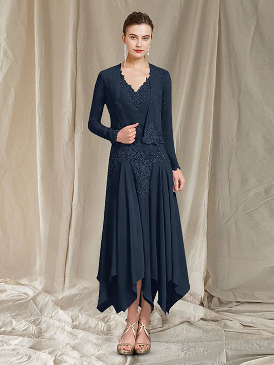 Two Piece A-Line Mother of the Bride Dress Elegant V Neck Ankle Length Chiffon Lace Sleeveless Wrap Included with Pleats