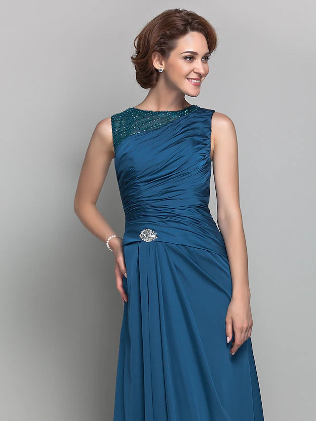 Sheath / Column Mother of the Bride Dress Vintage Inspired Jewel Neck Floor Length Satin Chiffon Sleeveless