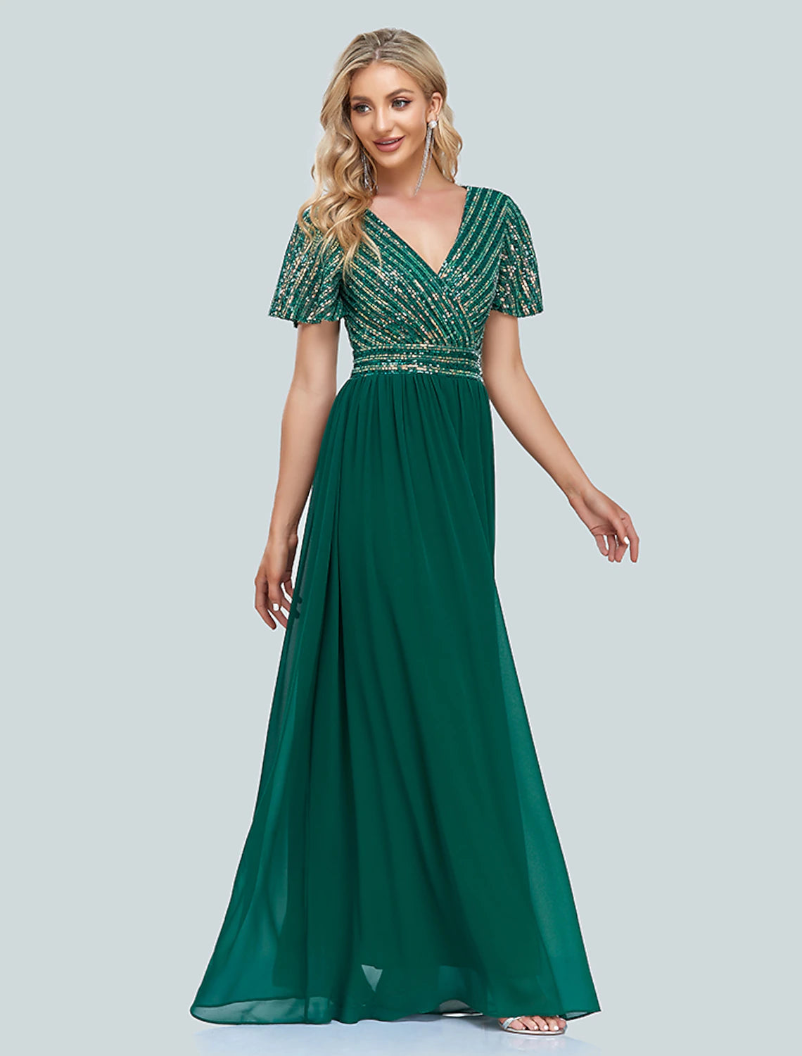 A-Line Mermaid / Trumpet Evening Gown Elegant Dress Christmas Floor Length Short Sleeve V Neck Sequined