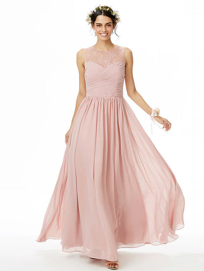 A-Line Bridesmaid Dress Jewel Neck Sleeveless See Through Floor Length Chiffon / Lace with Lace / Criss Cross