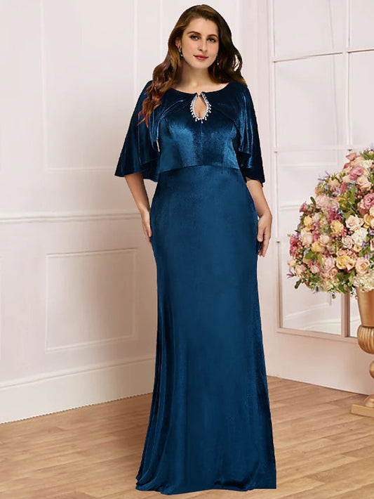 Plus Size Curve Mother of the Bride Dress Wedding Guest Vintage Elegant Scoop Neck Sweep / Brush Train Velvet Half Sleeve with Lace Pleats