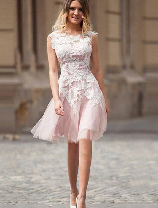 Tulle Bridesmaid Dress A-Line Princess Bateau Knee-Length With Appliqued