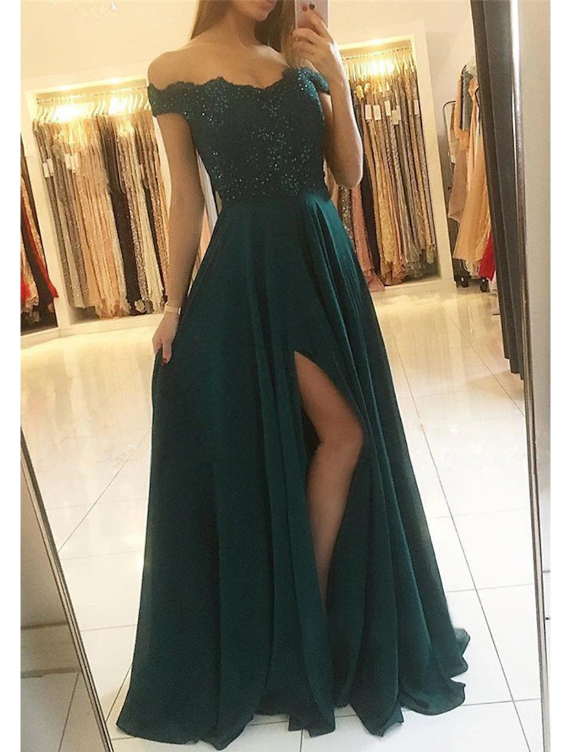 A-Line Prom Dresses Glittering Dress Formal Floor Length Sleeveless Off Shoulder Chiffon Backless