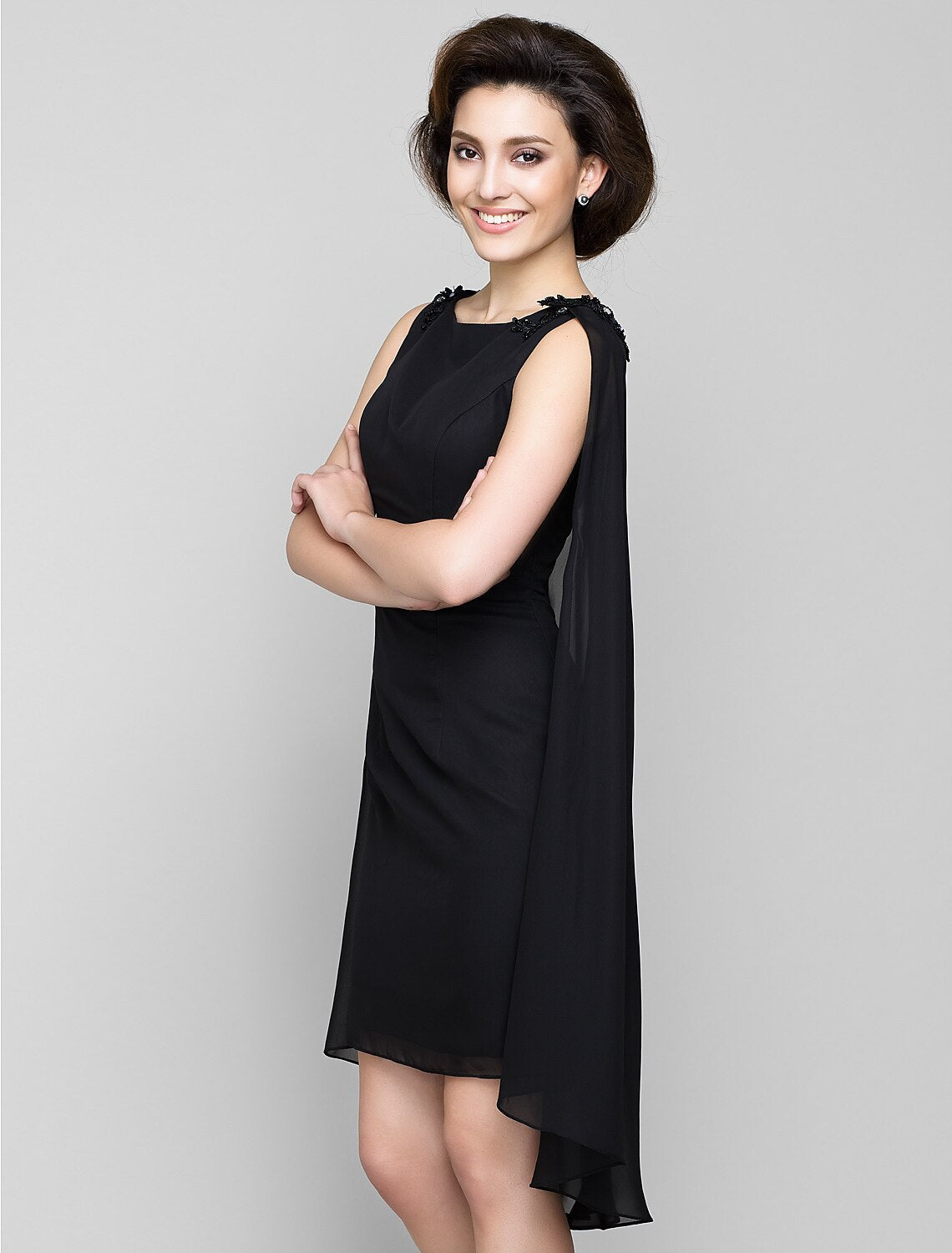 Sheath / Column Mother of the Bride Dress Wrap Included Bateau Neck Knee Length Chiffon Sleeveless yes