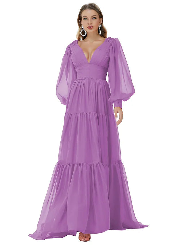 A-Line Evening Gown Sexy Dress Party Wear Sweep / Brush Train Long Sleeve V Neck Chiffon