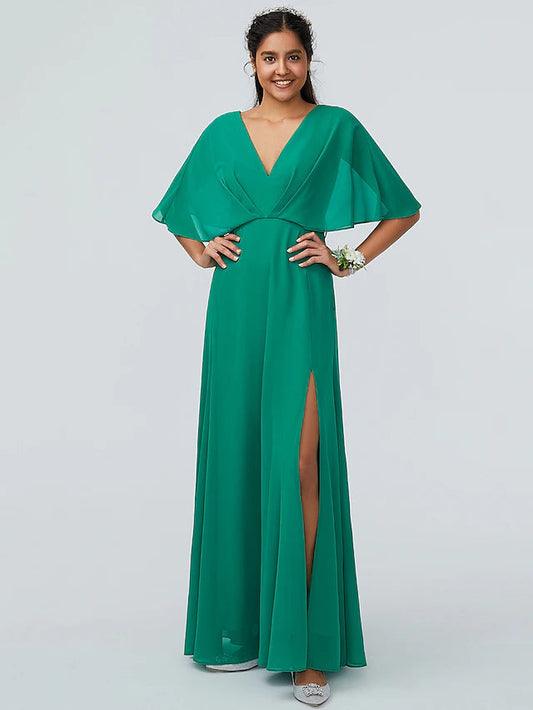 Sheath / Column Bridesmaid Dress V Neck Short Sleeve Sparkle & Shine Floor Length Chiffon with Split