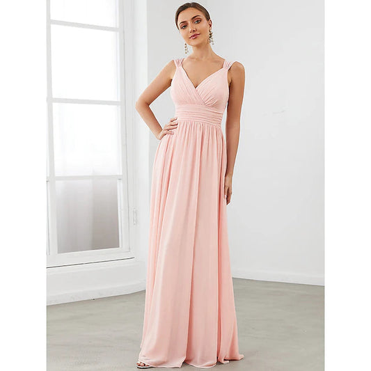 A-Line Bridesmaid Dress V Neck Sleeveless Vintage Floor Length Chiffon with Tier Pure Color