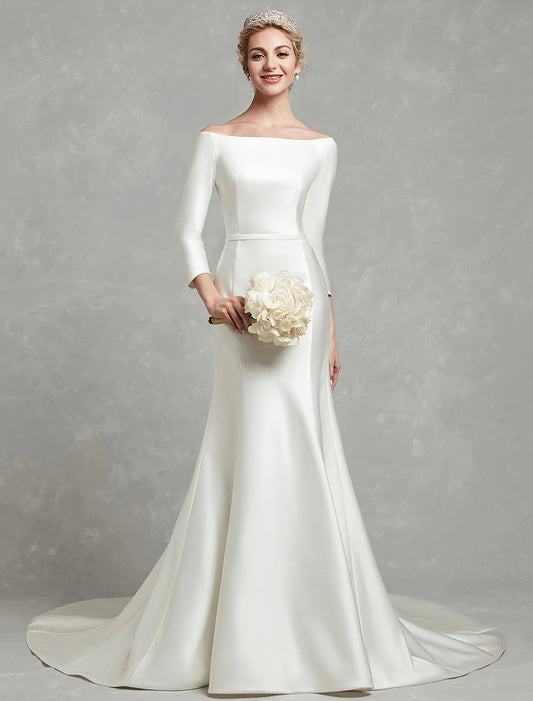 Casual Fall Wedding Dresses Mermaid / Trumpet Off Shoulder 3/4 Length Sleeve Chapel Train Satin Bridal Gowns With Pleats Wedding Party