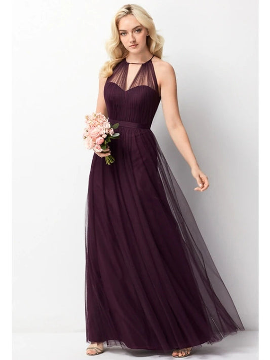 A-Line Bridesmaid Dress Halter Neck Sleeveless Elegant Floor Length Chiffon / Tulle