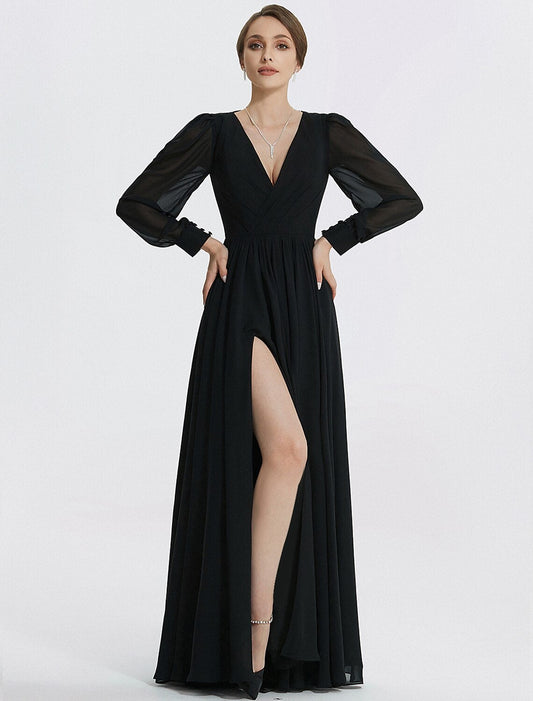 A-Line Evening Gown Elegant Dress Formal Floor Length Long Sleeve V Neck Chiffon