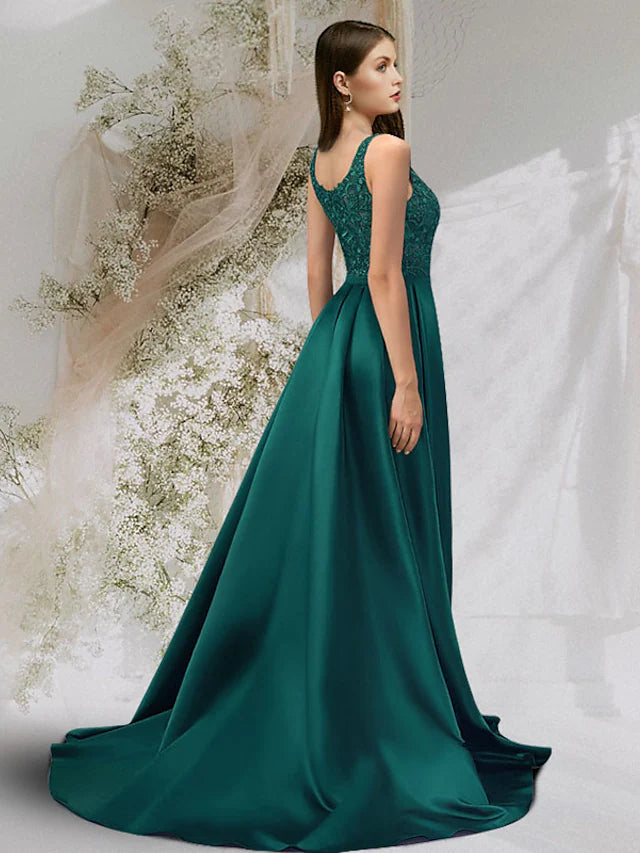 A-Line Prom Dresses Maxi Dress Engagement Court Train Sleeveless Scoop Neck Charmeuse with Slit Overskirt Lace