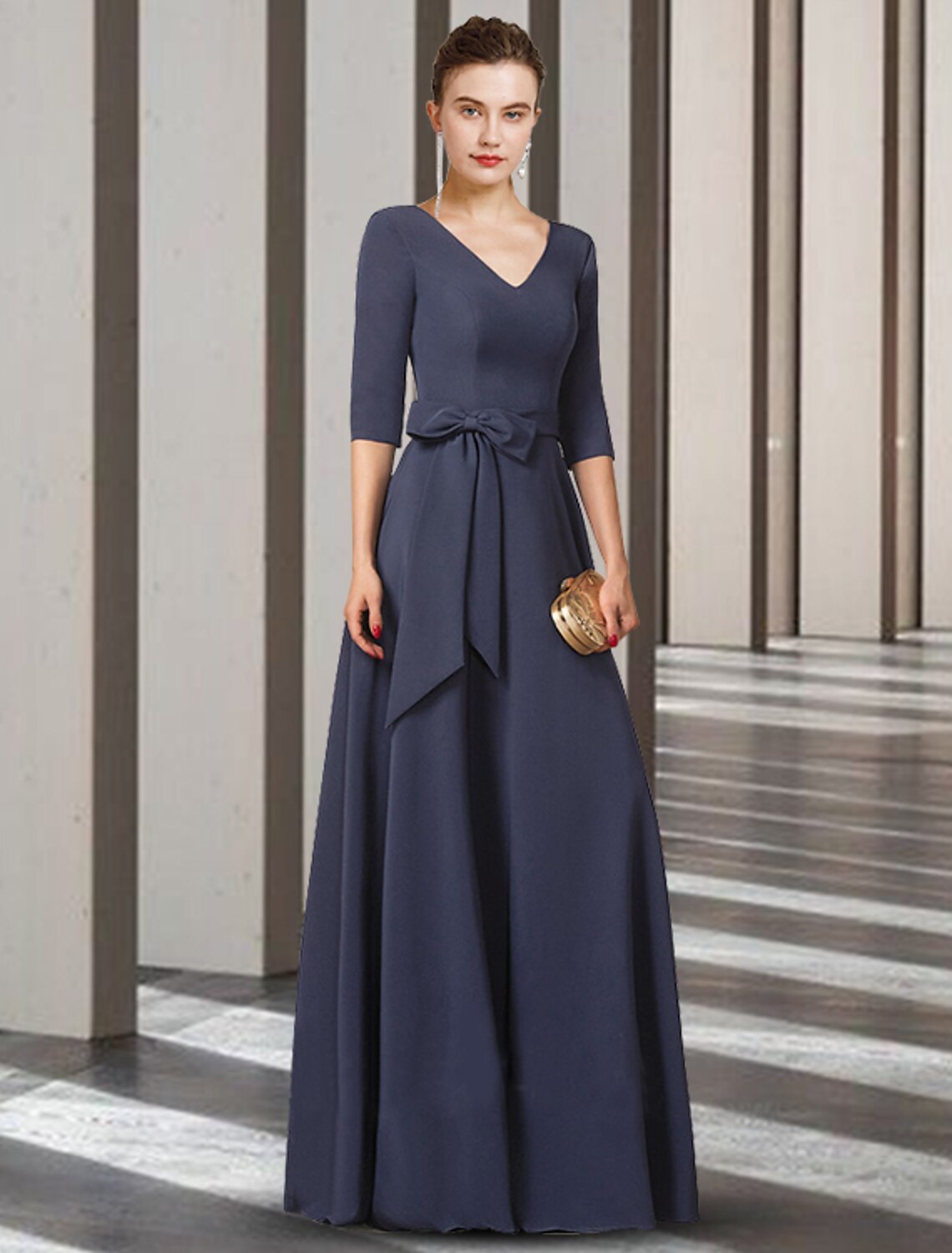 Sheath / Column Mother of the Bride Dress Elegant V Neck Floor Length Stretch Chiffon Half Sleeve with Bow(s)