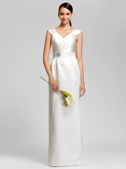 Sheath / Column Bridesmaid Dress V Neck Sleeveless Elegant Floor Length Satin with Sash / Ribbon