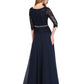 A-Line Mother of the Bride Dress Elegant Jewel Neck Floor Length Chiffon Lace Bodice 3/4 Length Sleeve with Sash / Ribbon