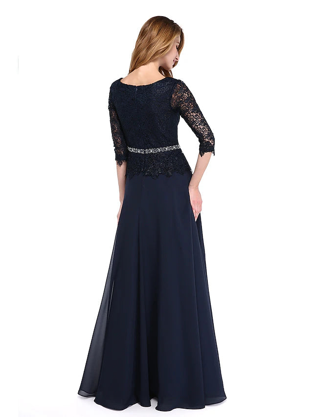 A-Line Mother of the Bride Dress Elegant Jewel Neck Floor Length Chiffon Lace Bodice 3/4 Length Sleeve with Sash / Ribbon