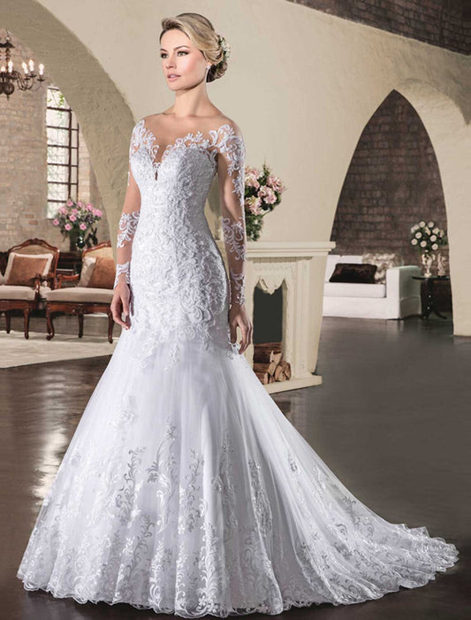 Engagement Open Back Formal Fall Wedding Dresses Mermaid / Trumpet Illusion Neck Long Sleeve Court Train Lace Bridal Gowns