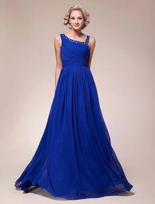 A-Line Mother of the Bride Dress Sparkle & Shine Straps Floor Length Chiffon Sleeveless with Pleats Ruched