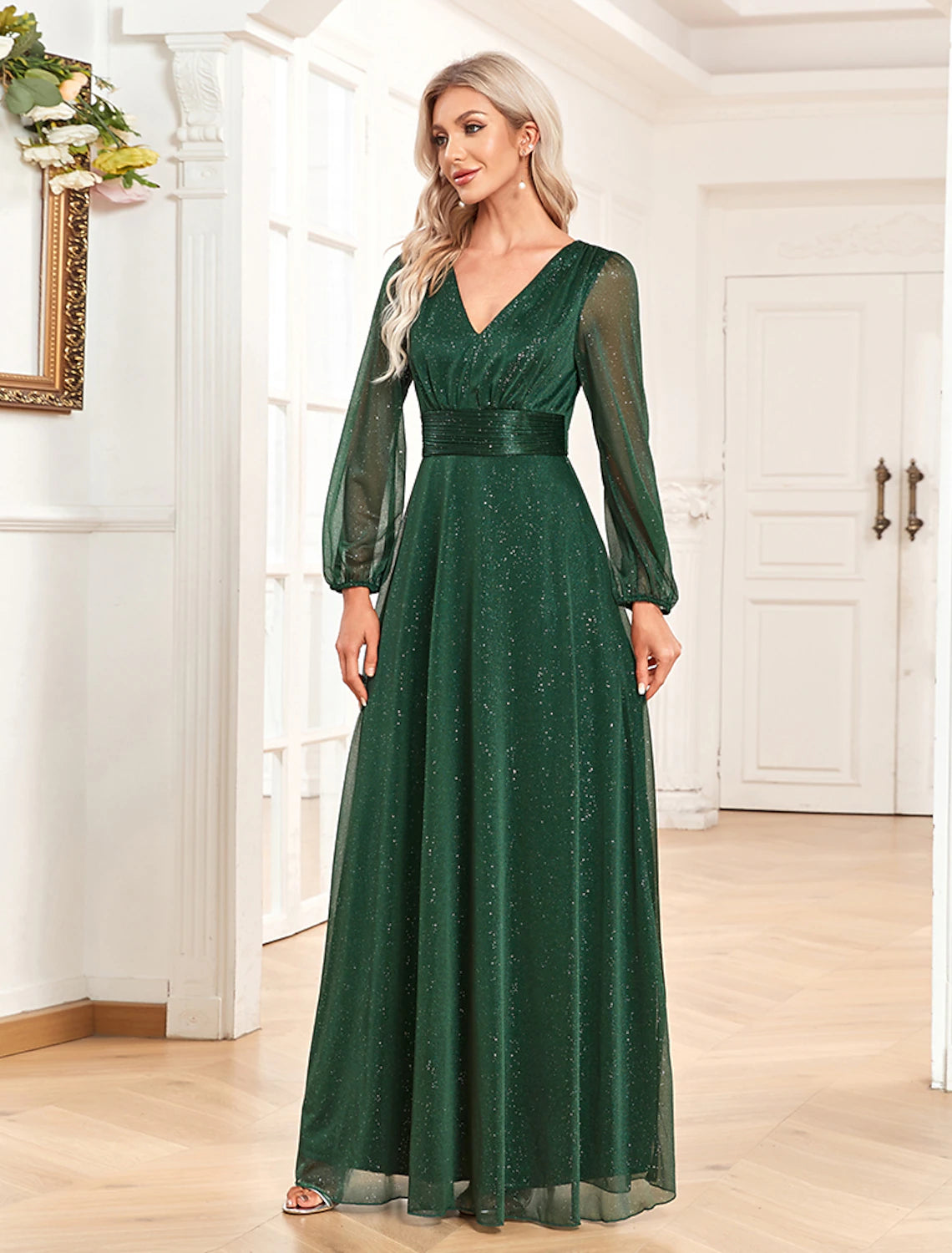 A-Line Evening Gown Elegant Dress Formal Floor Length Long Sleeve V Neck Chiffon