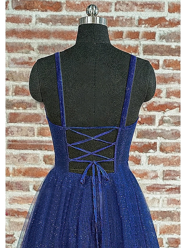 Ball Gown A-Line Prom Dresses Sparkle & Shine Dress Formal Floor Length Sleeveless Sweetheart Tulle Backless with Glitter