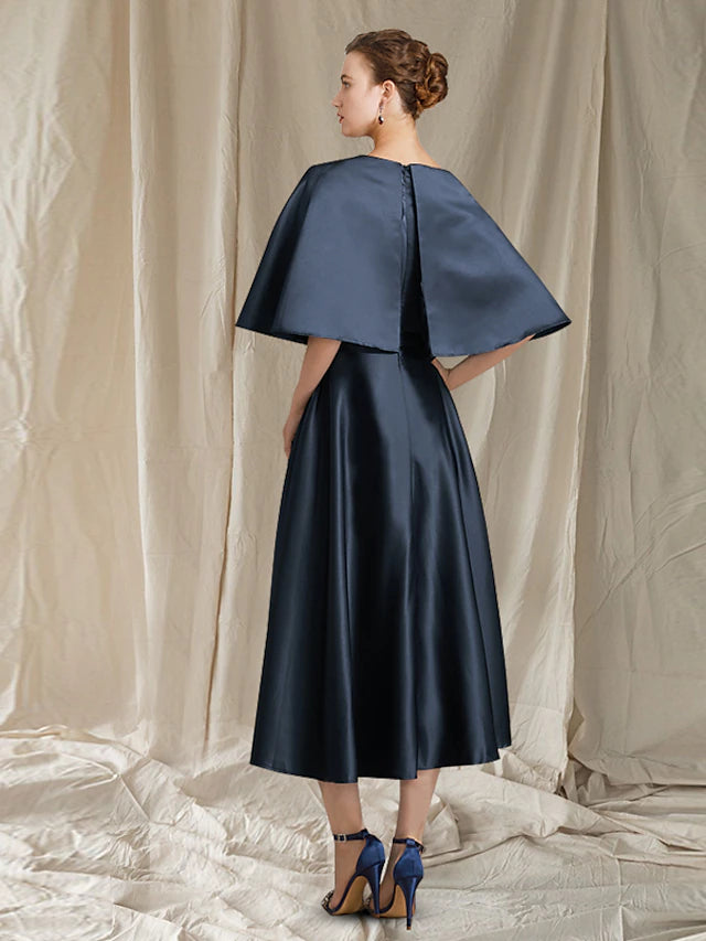 A-Line Mother of the Bride Dress Wedding Guest Minimalist Elegant Jewel Neck Tea Length Satin Half Sleeve with Pleats