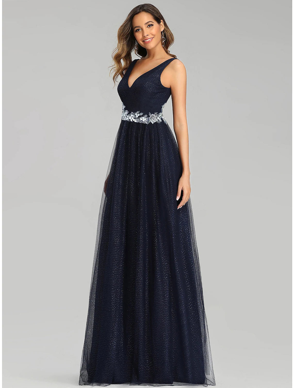 A-Line Prom Dresses Empire Dress Wedding Guest Floor Length Sleeveless V Neck Tulle with Sequin