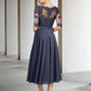 A-Line Mother of the Bride Dress Luxurious Elegant Jewel Neck Tea Length Chiffon Lace Tulle Half Sleeve with Crystals