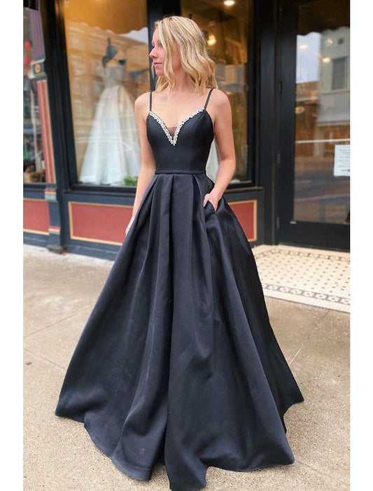 A-Line Prom Dresses Open Back Dress Formal Floor Length Sleeveless V Neck Pocket Stretch Satin Backless with Pleats Beading