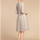 A-Line Mother of the Bride Dress Wedding Guest Elegant Petite Jewel Neck Knee Length Lace Tulle Half Sleeve with Pleats