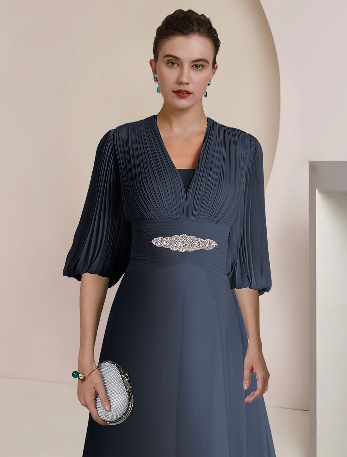 A-Line Mother of the Bride Dress Formal Wedding Guest Party Vintage Elegant V Neck Tea Length Chiffon 3/4 Length Sleeve with Pleats