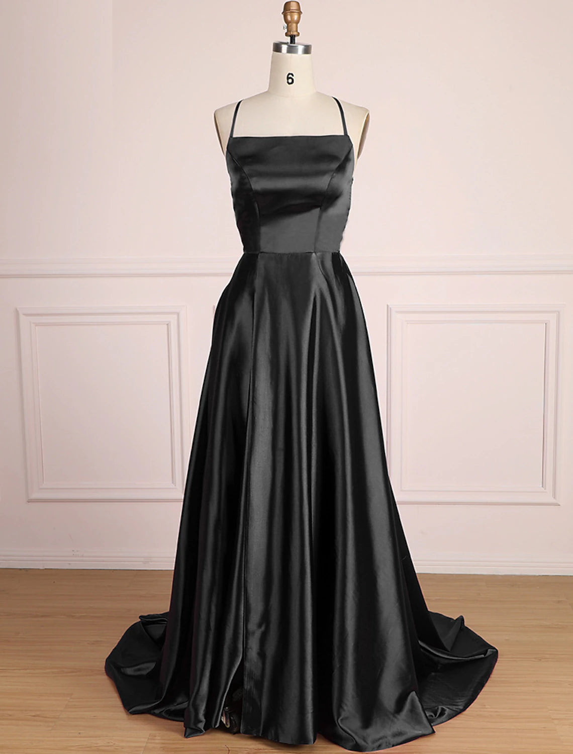 A-Line Prom Dresses Minimalist Dress Party Wear Sweep / Brush Train Sleeveless Spaghetti Strap Satin with Pleats