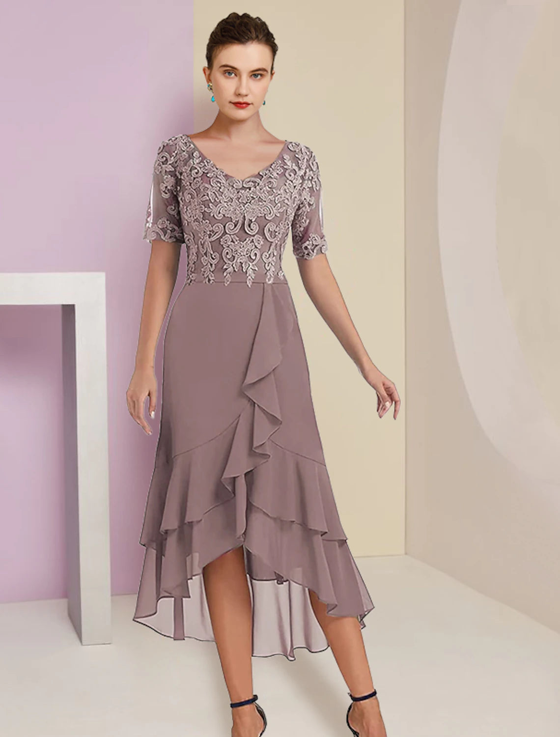 Two Piece A-Line Mother of the Bride Dress Formal Fall Wedding Guest Elegant High Low V Neck Asymmetrical Tea Length Chiffon Lace Short Sleeve 3/4 Length Sleeve Wrap Included