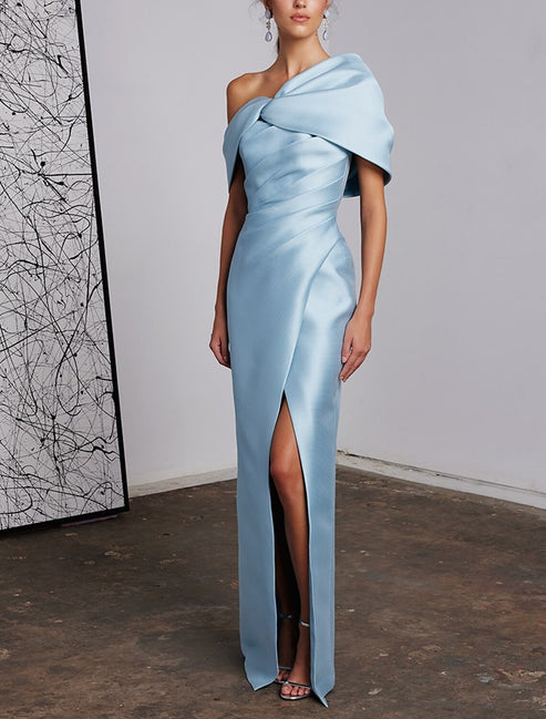 Sheath / Column Evening Gown Elegant Dress Formal Wedding Floor Length Sleeveless One Shoulder Satin