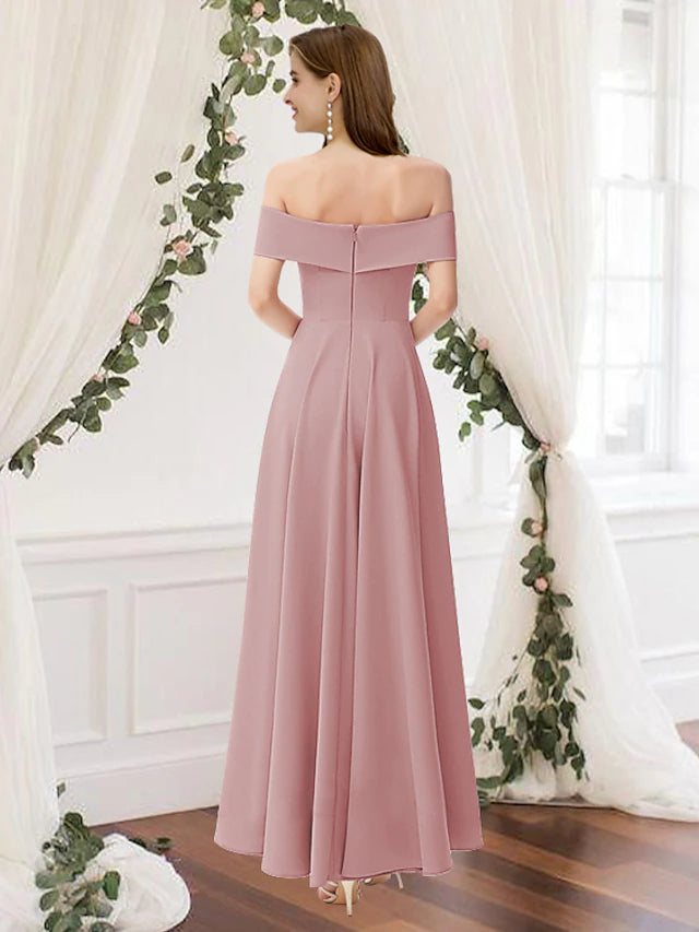 A-Line Bridesmaid Dress Off Shoulder Sleeveless Elegant Floor Length Chiffon Pure Color