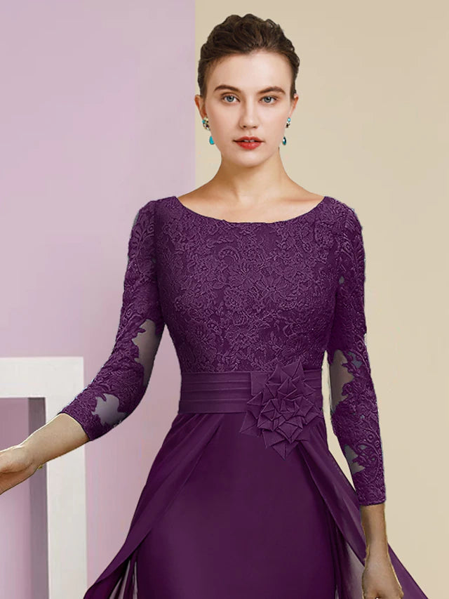 Sheath / Column Mother of the Bride Dress Formal Elegant Scoop Neck Floor Length Chiffon Lace 3/4 Length Sleeve with Flower