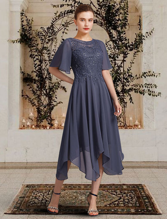 A-Line Mother of the Bride Dress Elegant High Low Jewel Neck Asymmetrical Tea Length Chiffon Lace Short Sleeve