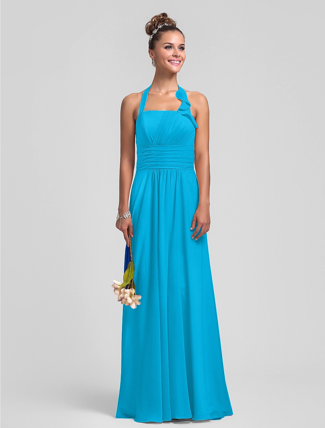 Sheath / Column Bridesmaid Dress Halter Neck Sleeveless Floor Length Chiffon with Pleats / Ruched