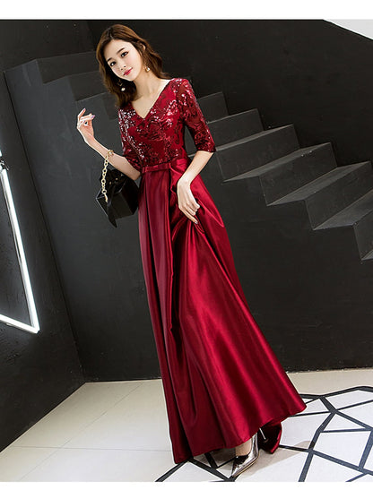 A-Line Sparkle Elegant Wedding Guest Prom Formal Evening Dress V Neck Half Sleeve Floor Length