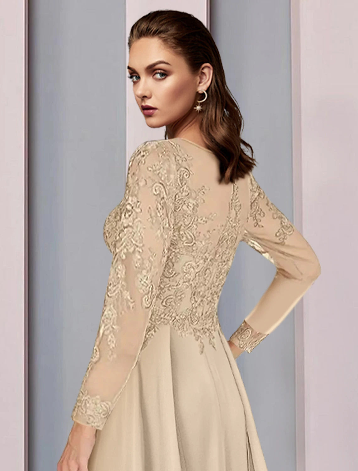 A-Line Mother of the Bride Dress Wedding Guest Party Elegant Scoop Neck Floor Length Chiffon Half Sleeve with Lace